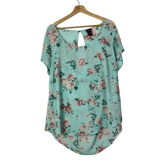 Torrid Aqua Blue Pink Floral Chiffon Short Sleeve Top 1 - Picture 1 of 4